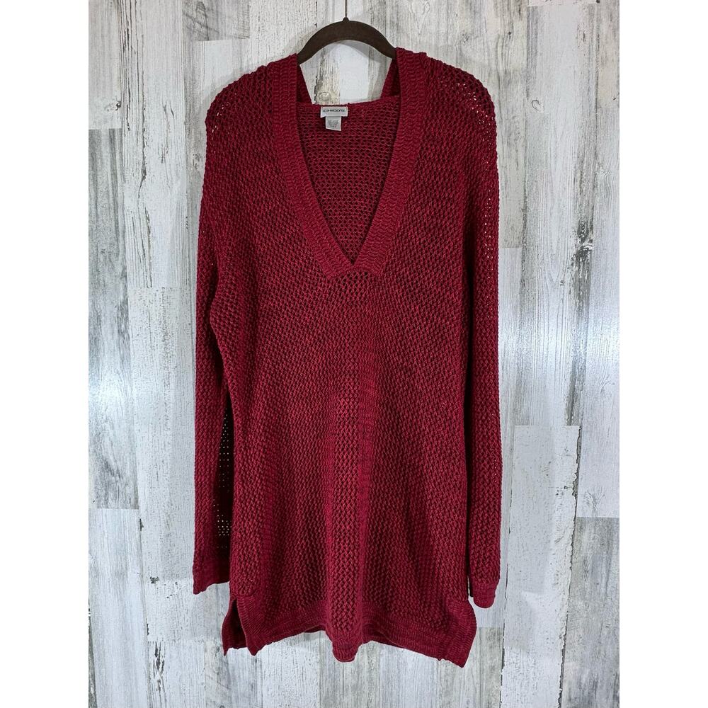 Chicos Open Knit Sweater Hoodie Coverup‎ Size 3 or Large Dark Red Burgundy Vneck